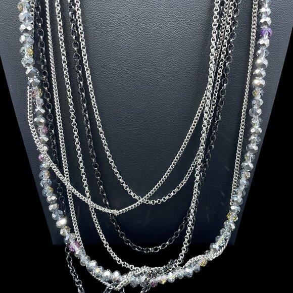 Multilayer Crystal Beaded Silver Black Chain Necklace Statement Coquette Glam - Picture 2 of 8